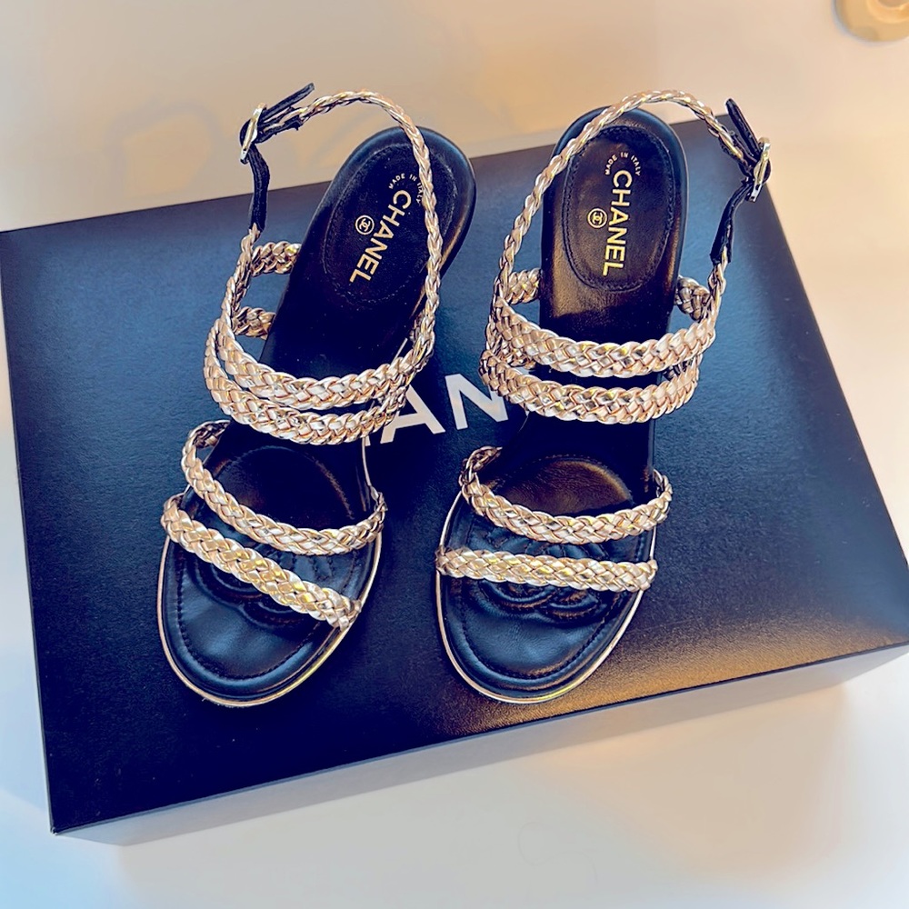 Chanel gold strap wedge sandals
